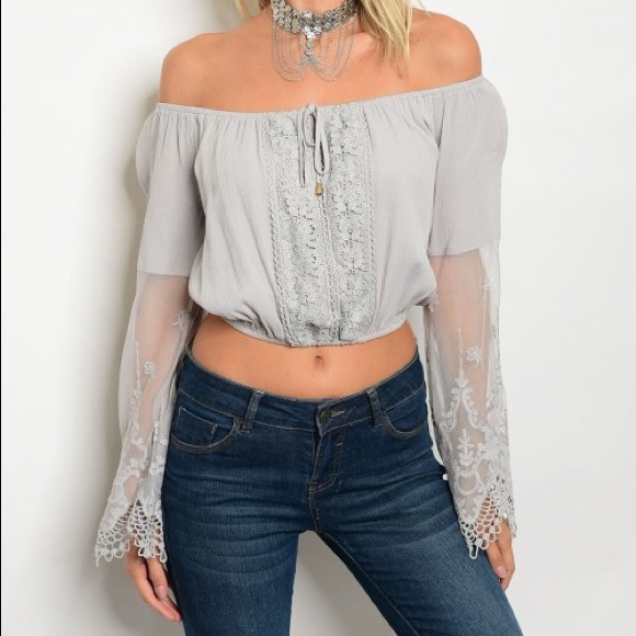 ❗️CLOSING SALE❗️Gray Off Shoulder Lace Crochet Top - Picture 2 of 3